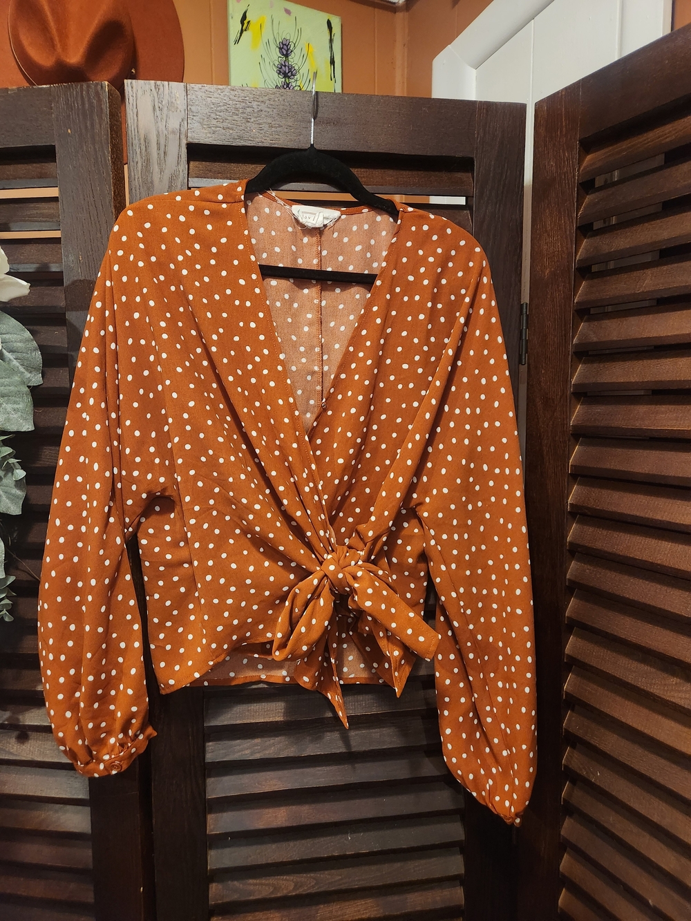 Love Riche Rust Polka Dot Tie-Front Blouse